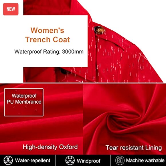 Women's Trench Coat Double-Breasted Belted Slim Fit Detachable Hood - Picture 4 of 6